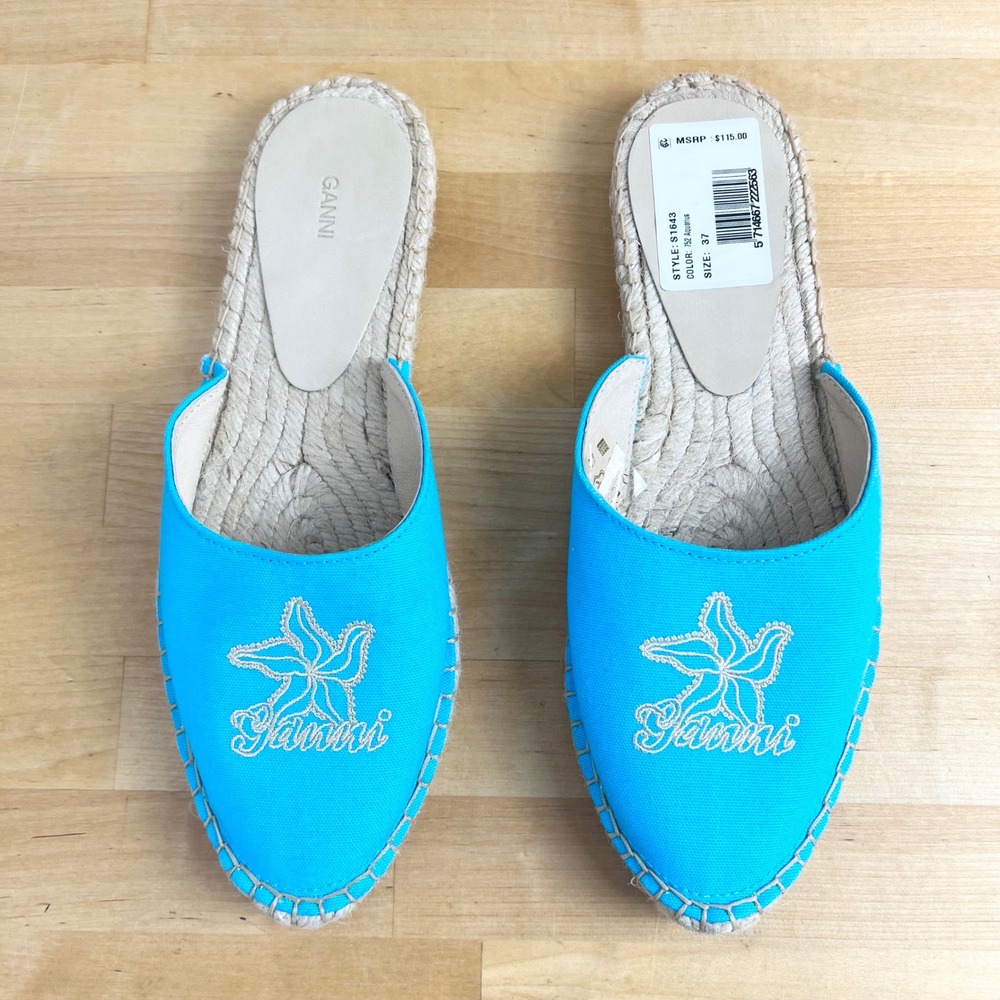 GANNI Shoes Size 37 Aquarius Blue Canvas Starfish Embroidered Espadrille Mules